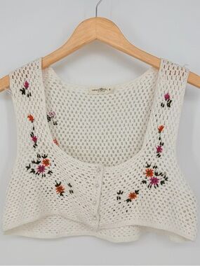 Natural Life Crochet Vest Cropped M White Embroidered Boho Cottagecore Festival